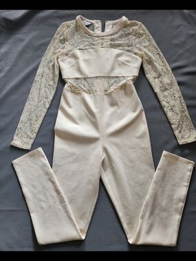 bebe Cream Lace Illusion Long Sleeve Jumpsuit - Size Medium